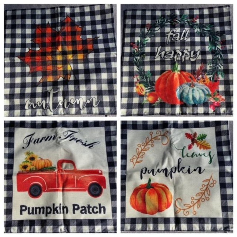 4 Pack Fall Black White Buffalo Plaids Pumpkin Pillow Covers 18"x18"